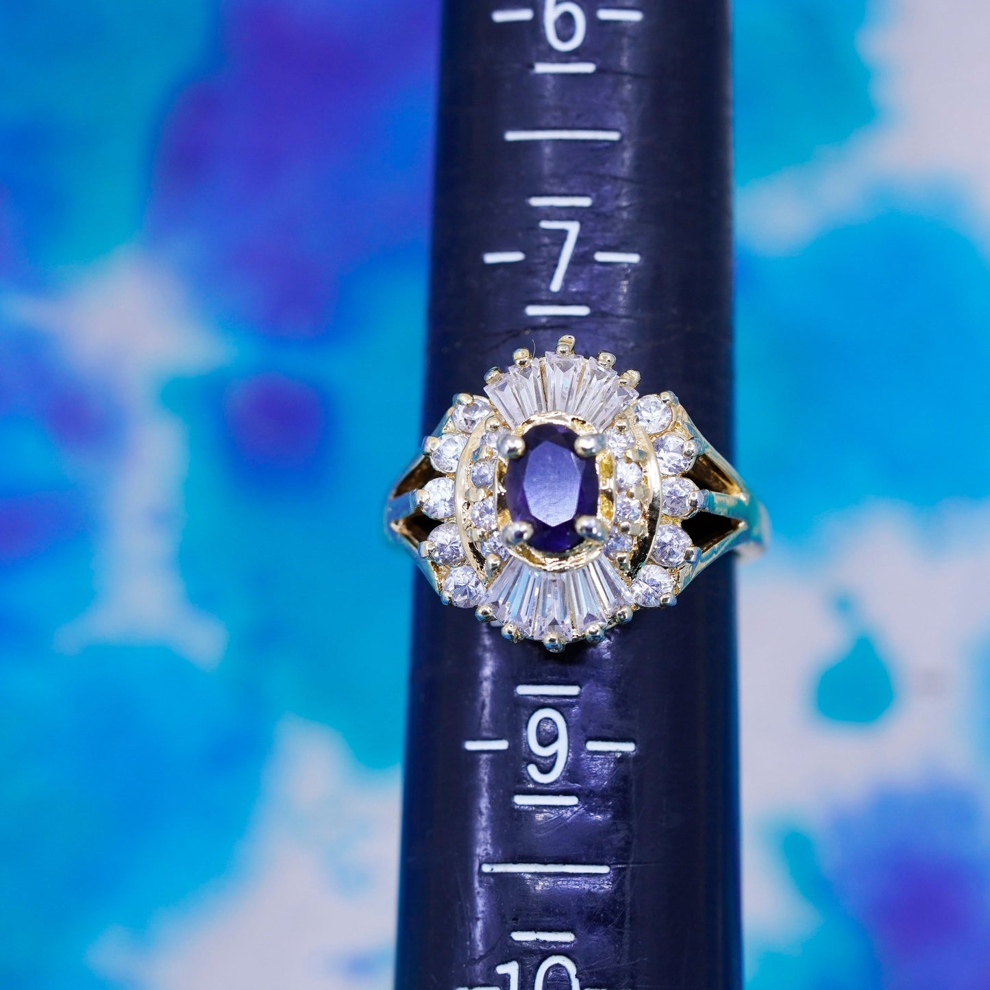 Size 8, vintage vermeil gold over sterling 925 silver ring cluster cz sapphire