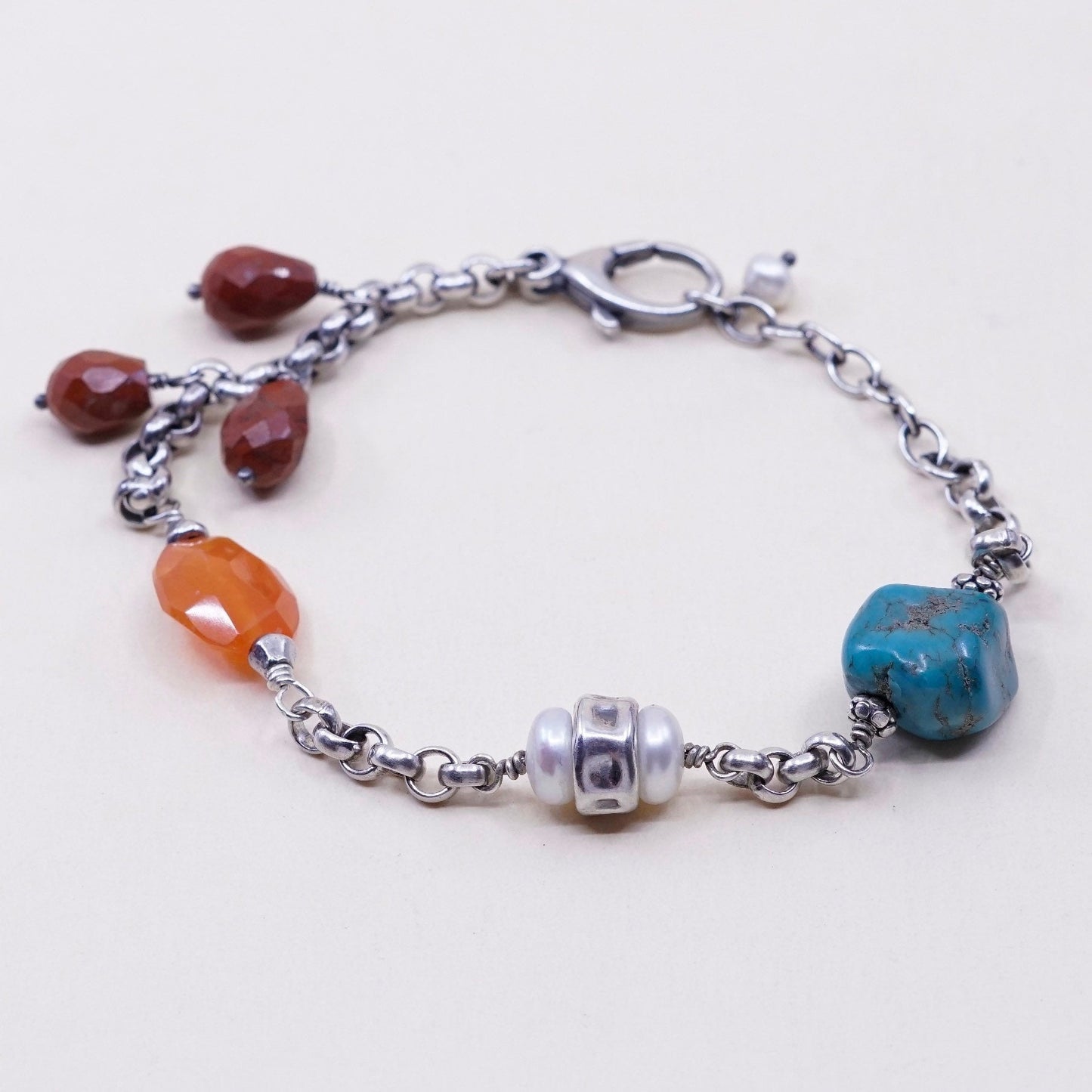 7.5”, Sterling 925 silver circle chain bracelet w/ turquoise carnelian N pearl