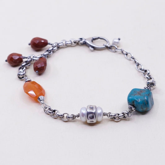 7.5”, Sterling 925 silver circle chain bracelet w/ turquoise carnelian N pearl