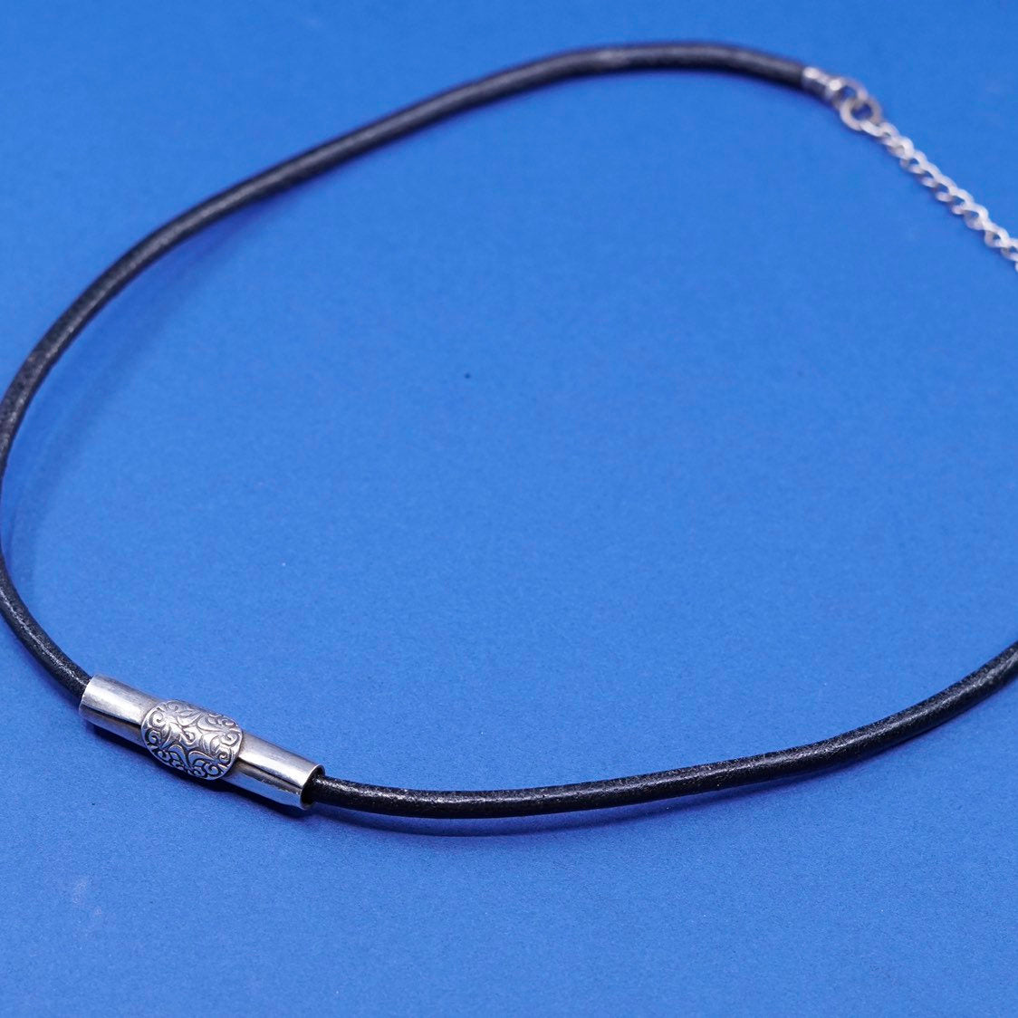 17” sterling 925 Silver necklace, Black Leather chain w/ 925 slide tube pendant
