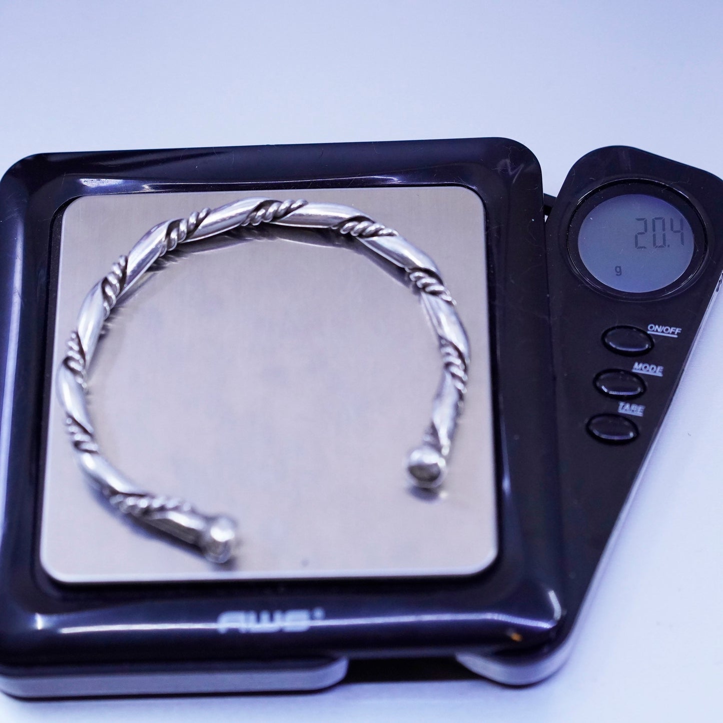 6.75”, Sterling 925 silver handmade bracelet, twisted cable cuff with bead ends