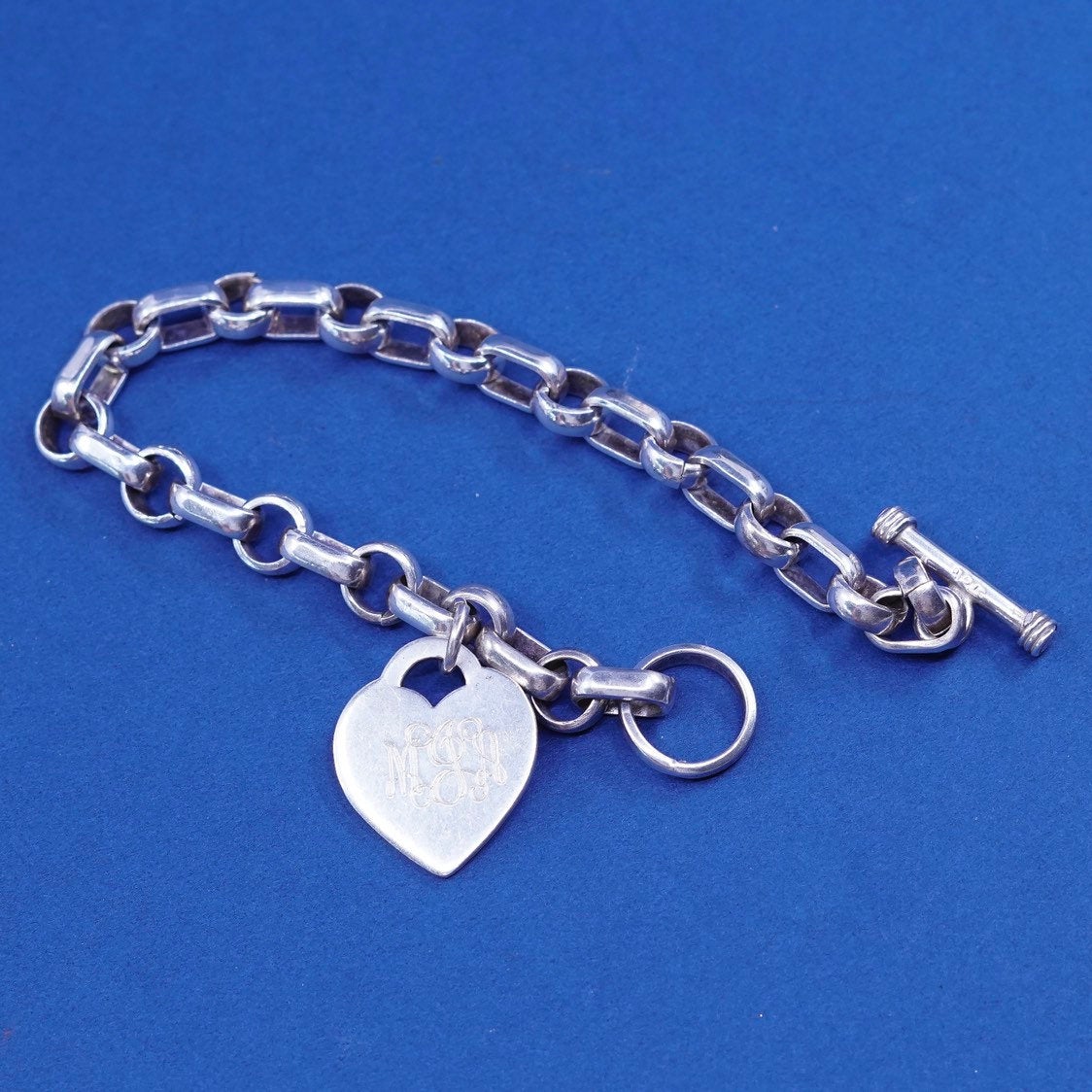 6.75", Sterling silver bracelet, 925 elongated chain w/ heart “MJA” monogram
