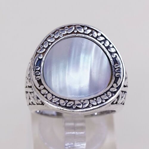 Sz 7.5, Vtg CNA Indonesia Sterling Silver Handmade Cocktail Ring w/ Mop N Bali