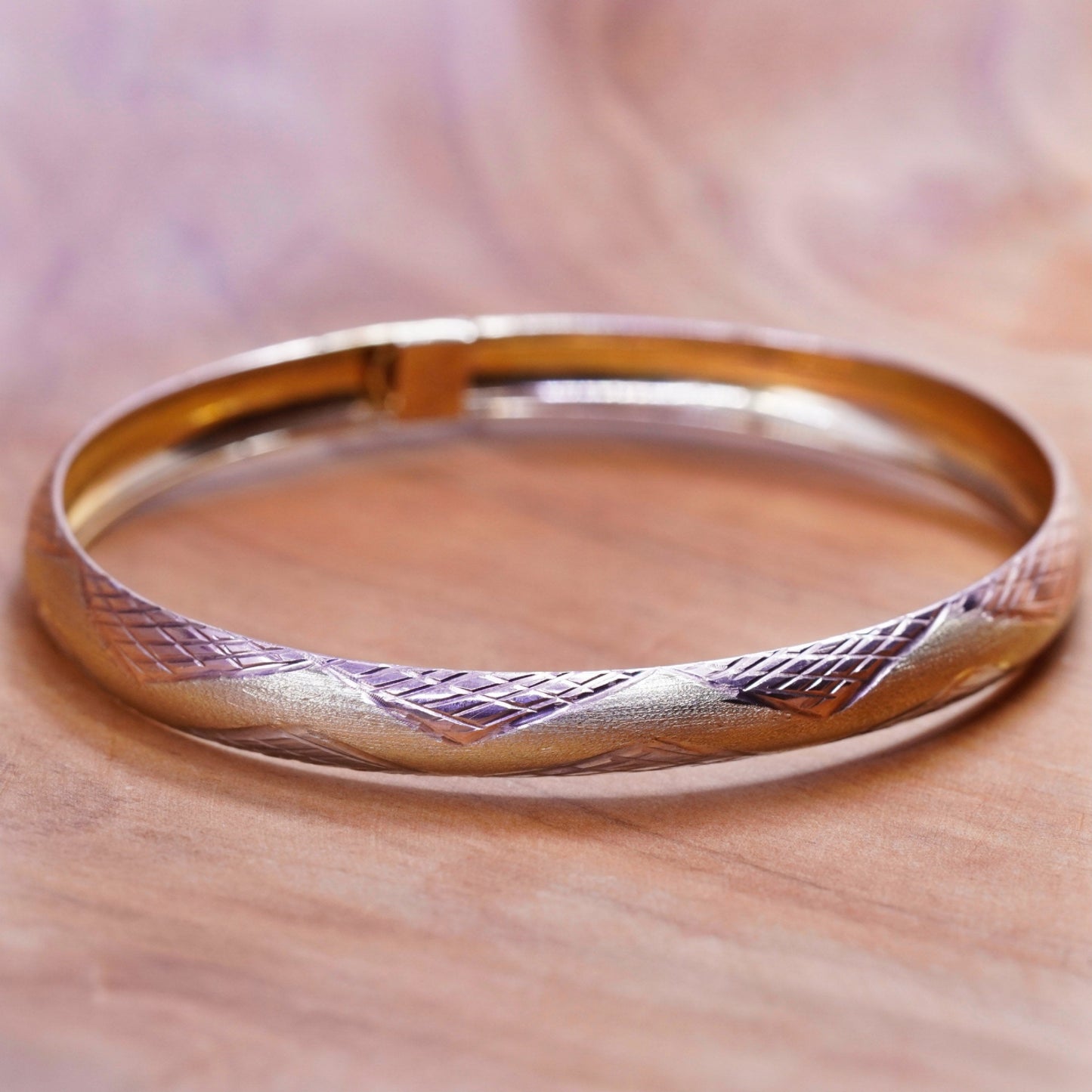 7.25”, Jordan gold Vermeil Sterling silver bracelet, textured 925 hinged bangle