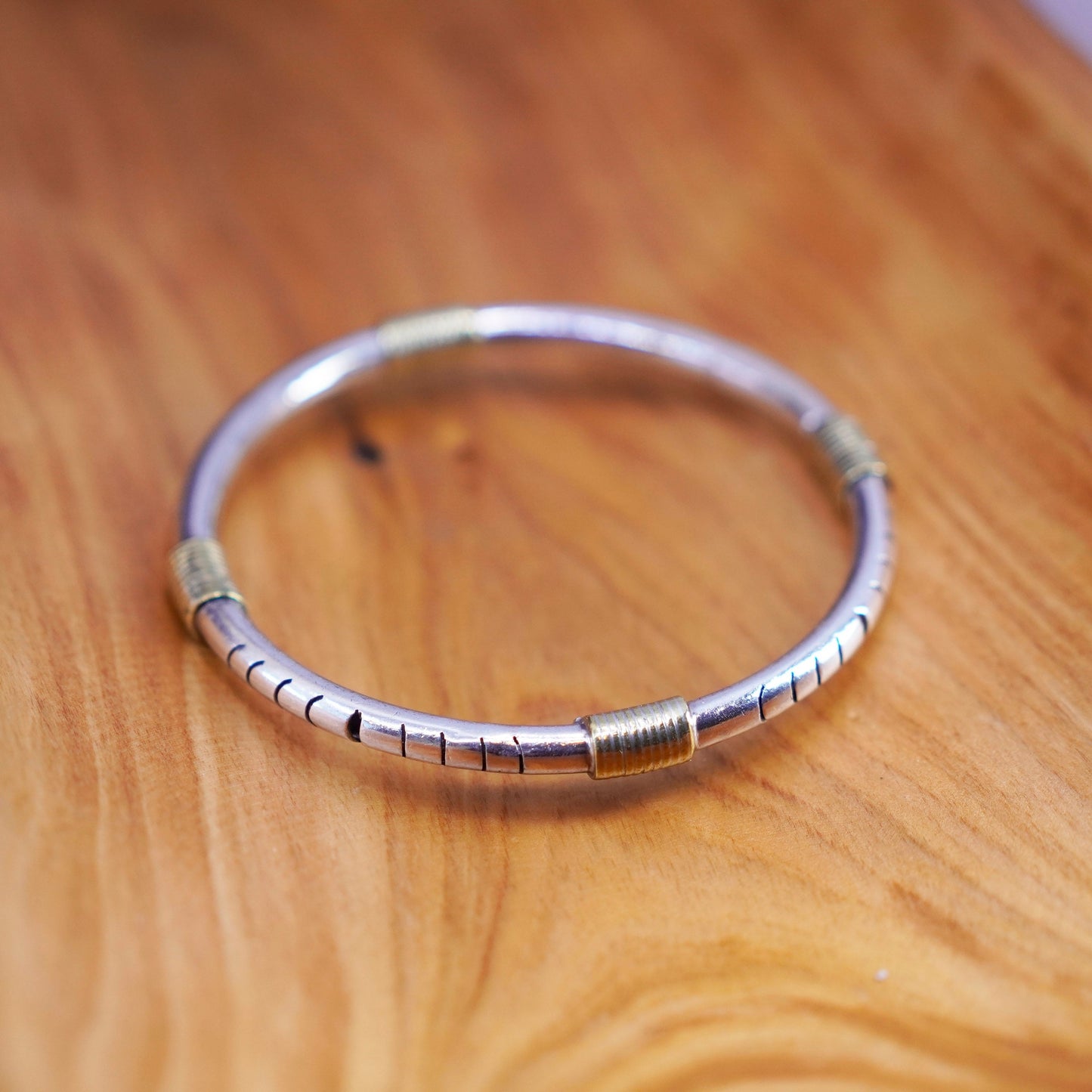 8”, antique two tone sterling silver bracelet, 925 textured bangle brass wires