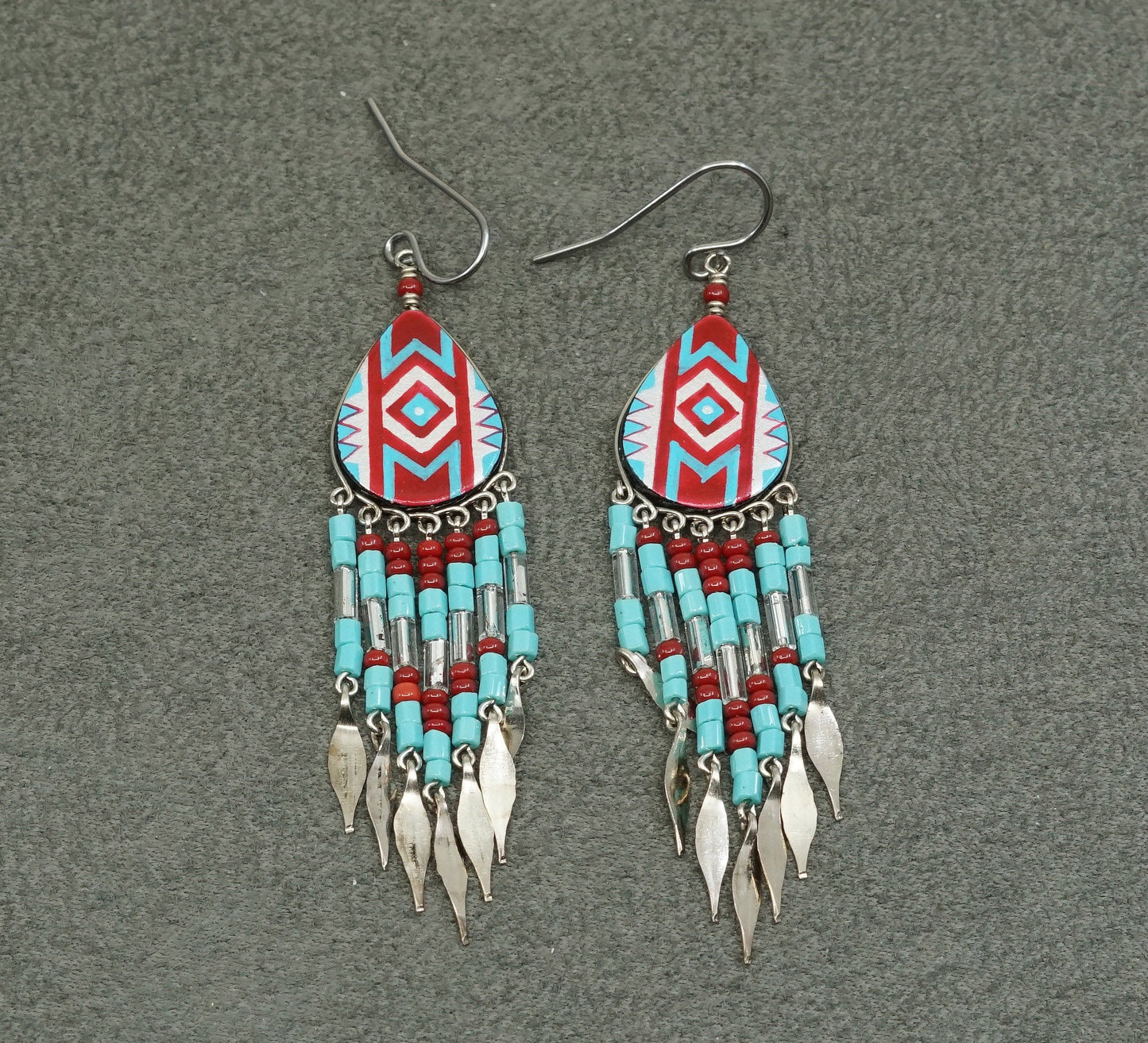 vtg Sterling silver handmade earrings, 925 w/ teardrop glass N fringe dangles