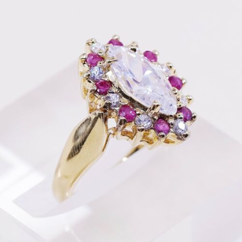 Sz 6, vermeil, gold over Sterling Silver Ring W/ ruby N Cz Around, stamped 925