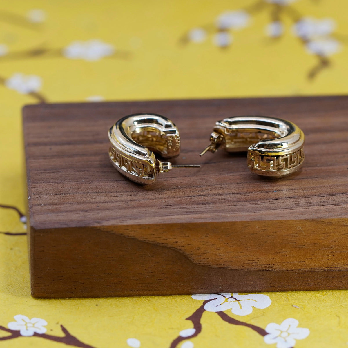 1”, turkey vermeil gold Sterling silver earrings, 925 Greek key huggie hoops