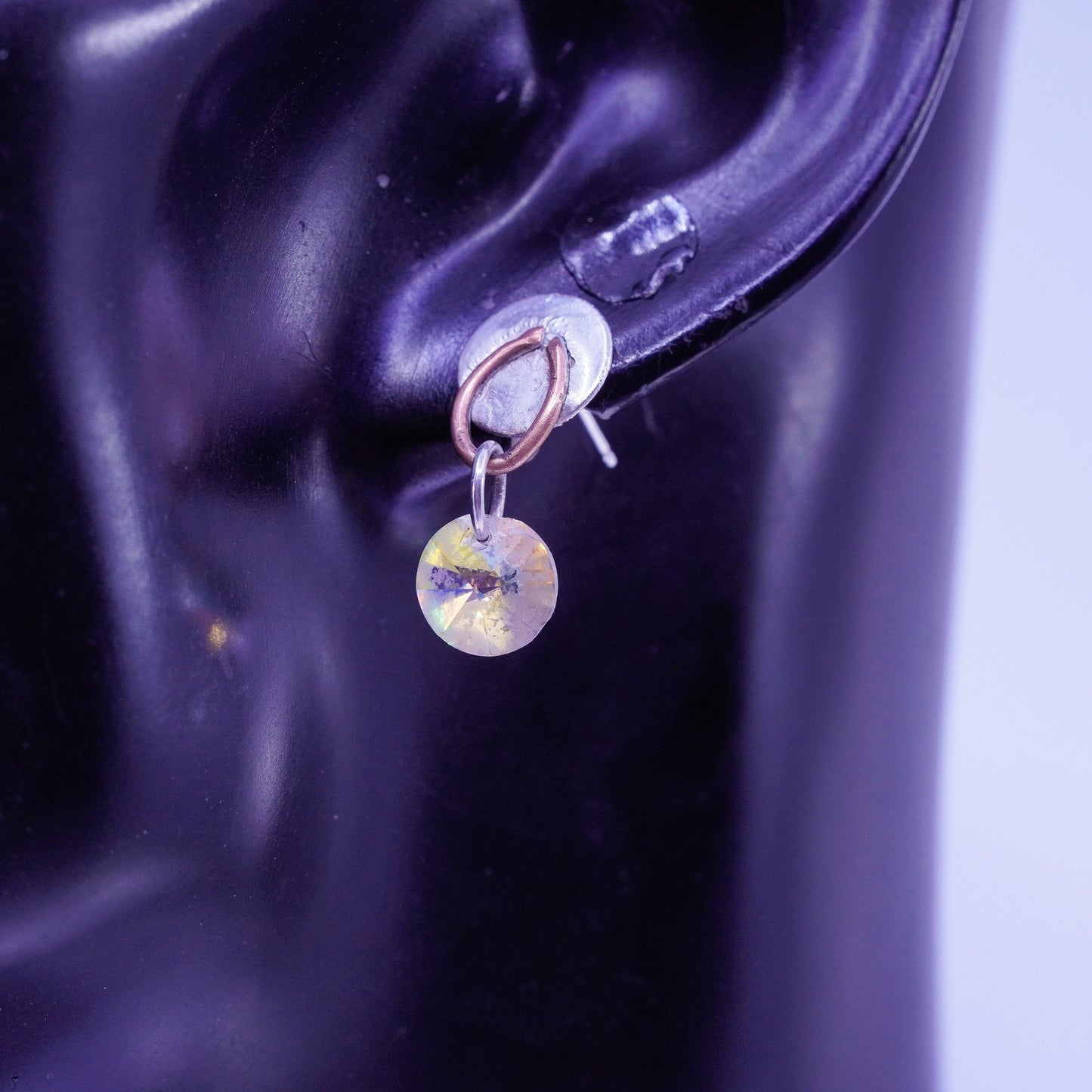 Vintage two tone Sterling 925 silver handmade studs earrings with crystal beads