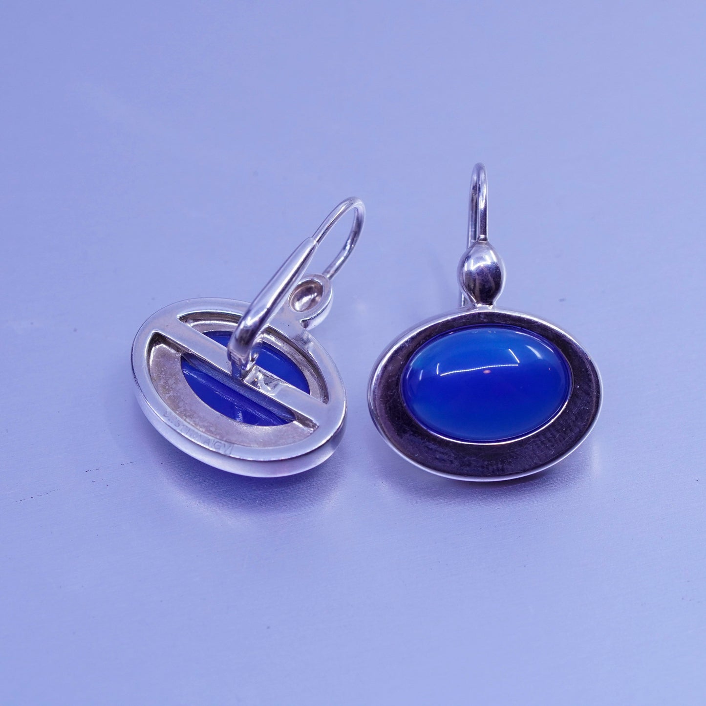 Vintage Sterling 925 silver oval earrings with blue cats eye beads