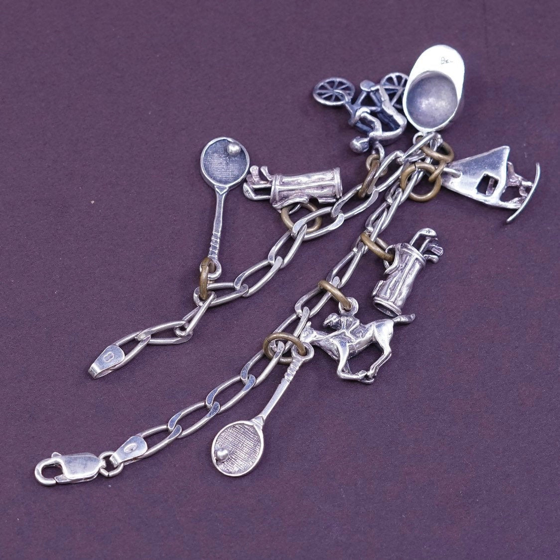 6.5”, Sterling silver handmade bracelet, 925 curb chain w/ tennis racket charm