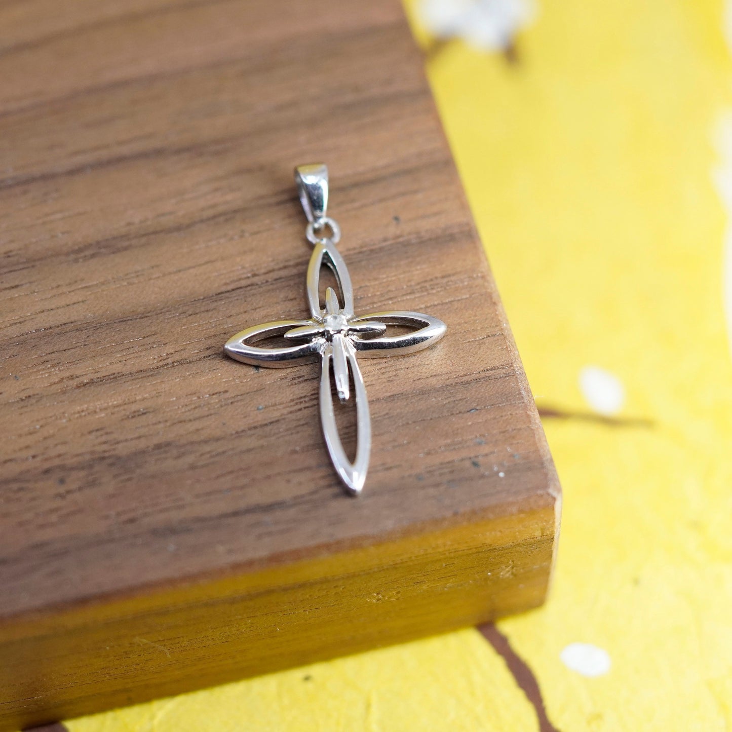 Vintage Sterling silver handmade pendant, 925 cross charm with diamond
