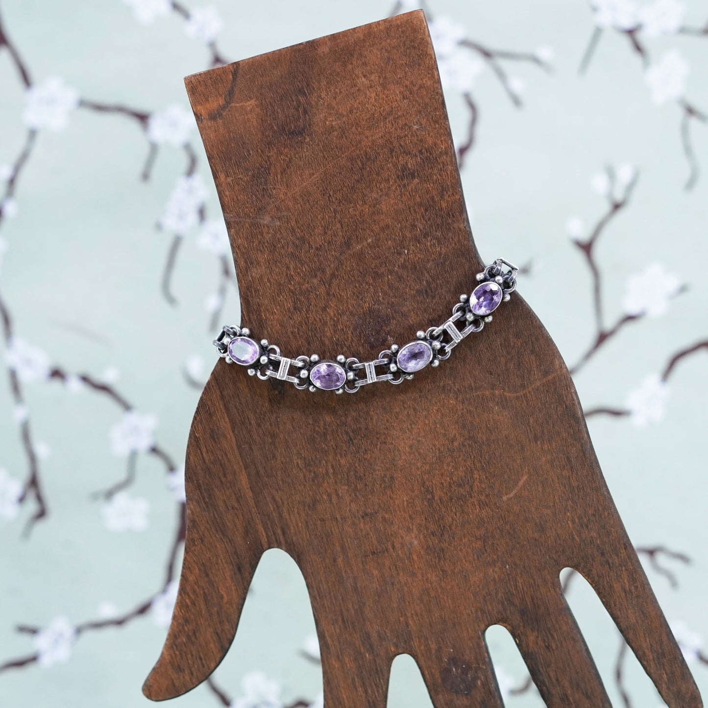 7”, Vintage Sterling 925 silver handmade bracelet with amethyst