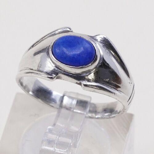 Sz 6.75, Vtg Sterling Silver Handmade Ring 925 Band W/ Blue Onyx inlay