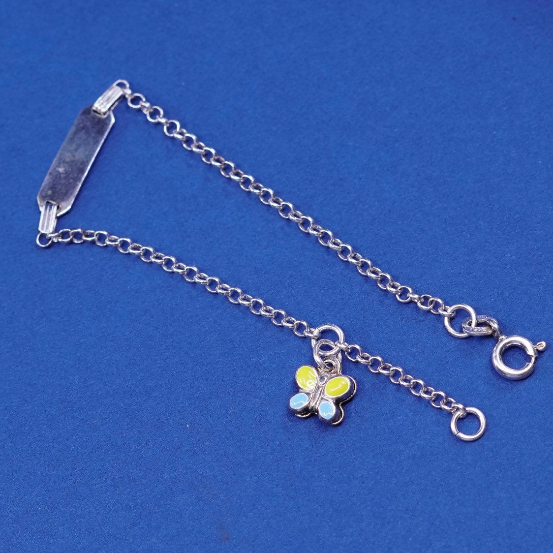 6.25", 1mm, vtg handmade Sterling silver bracelet, circle chain butterfly charm