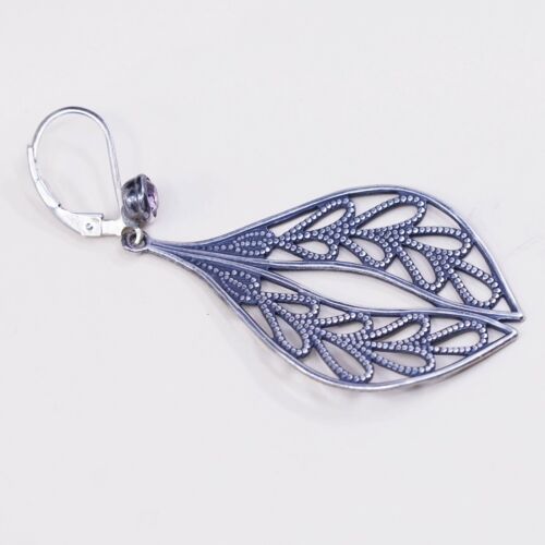 vtg Sterling 925 silver handmade earrings filigree leaf N Amethyst
