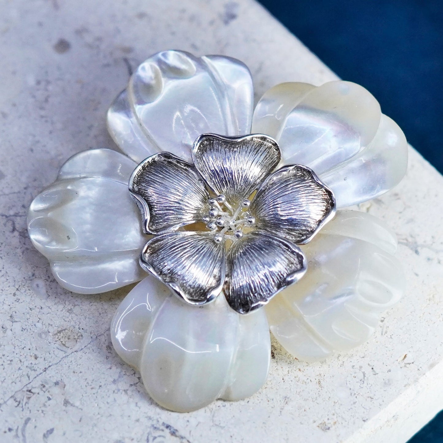 Vintage BJ sterling 925 silver handmade brooch pendant mother of pearl flower