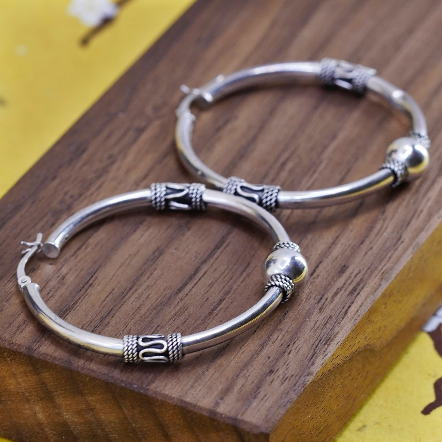 1.75”, vintage Sterling silver handmade earrings, huge Bali 925 hoops
