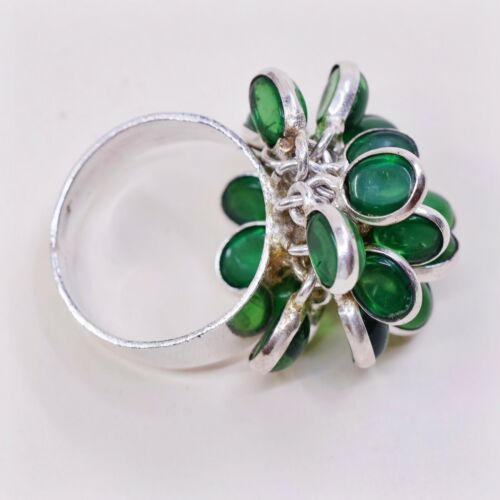 Sz 8.25, Vtg Sterling Silver Handmade Ring, 925 Flower W/ Green Cluster Glass
