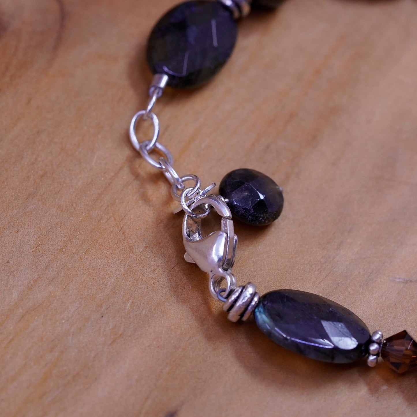 7.5”, vtg Sterling 925 silver handmade bracelet, labradorite pearl beads chain