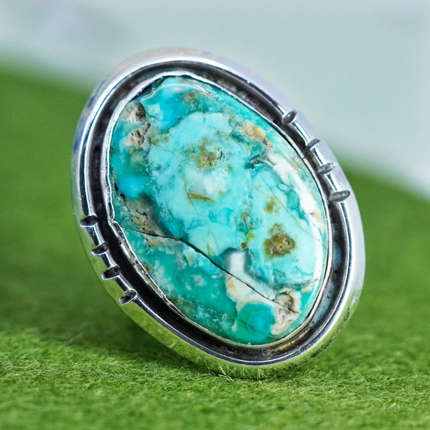 Size 5.75, Vintage sterling 925 silver handmade ring with oval shaped turquoise
