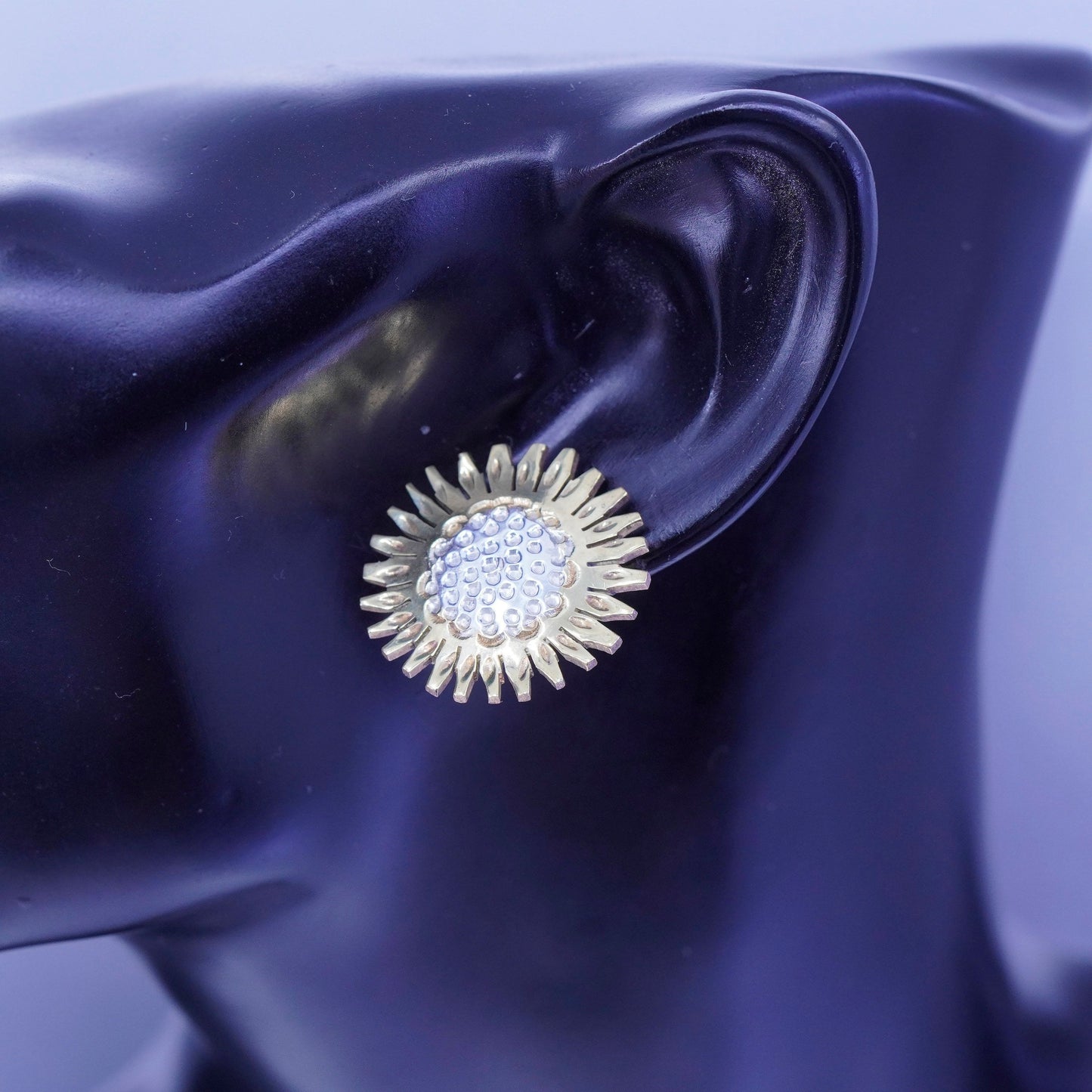 two tone Mexico Sterling 925 silver handmade earrings, sunflower flower studs