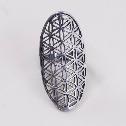 Size 8, Vtg Sterling Silver handmade Ring. 925 modern Snowflake Statement Band