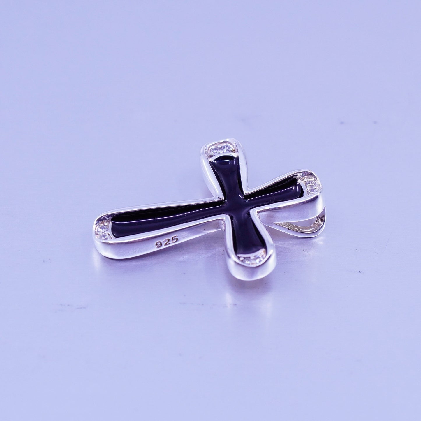 antique sterling 925 silver enamel cross pendant with Cz