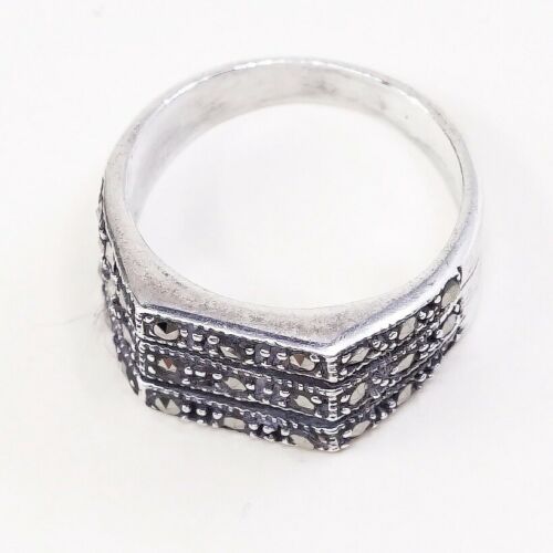 Sz 6, Vtg Sterling Silver Handmade Ring, 925 Silver Band marcasite details