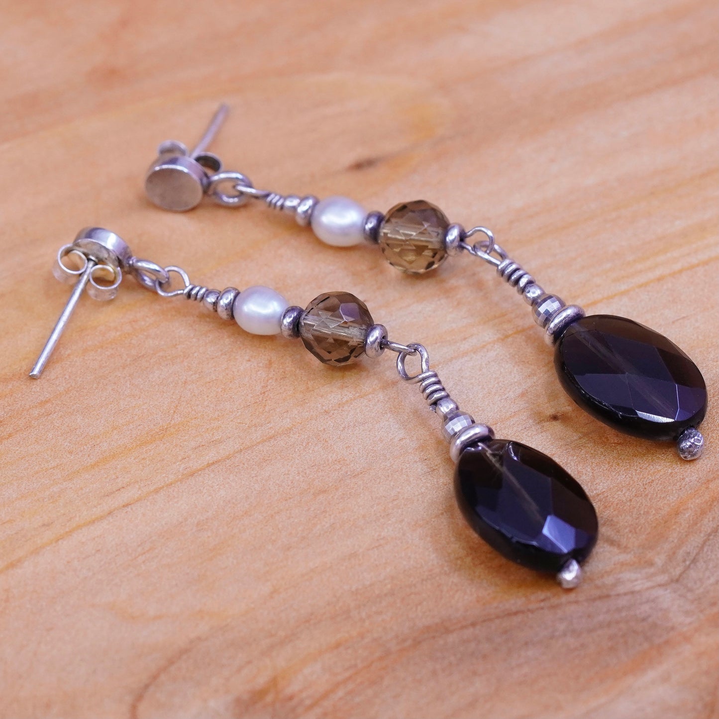 Vintage Sterling 925 silver handmade earrings with oval smoky topaz and pearl