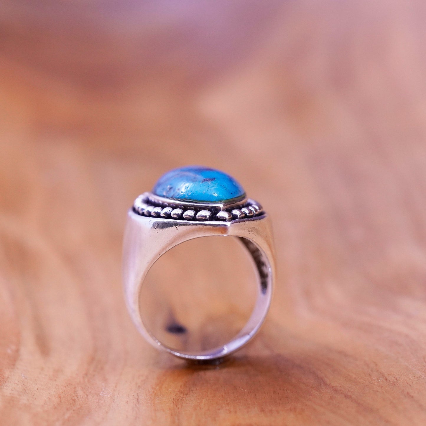 Size 9, vintage Sterling 925 silver handmade ring with marquise turquoise beads