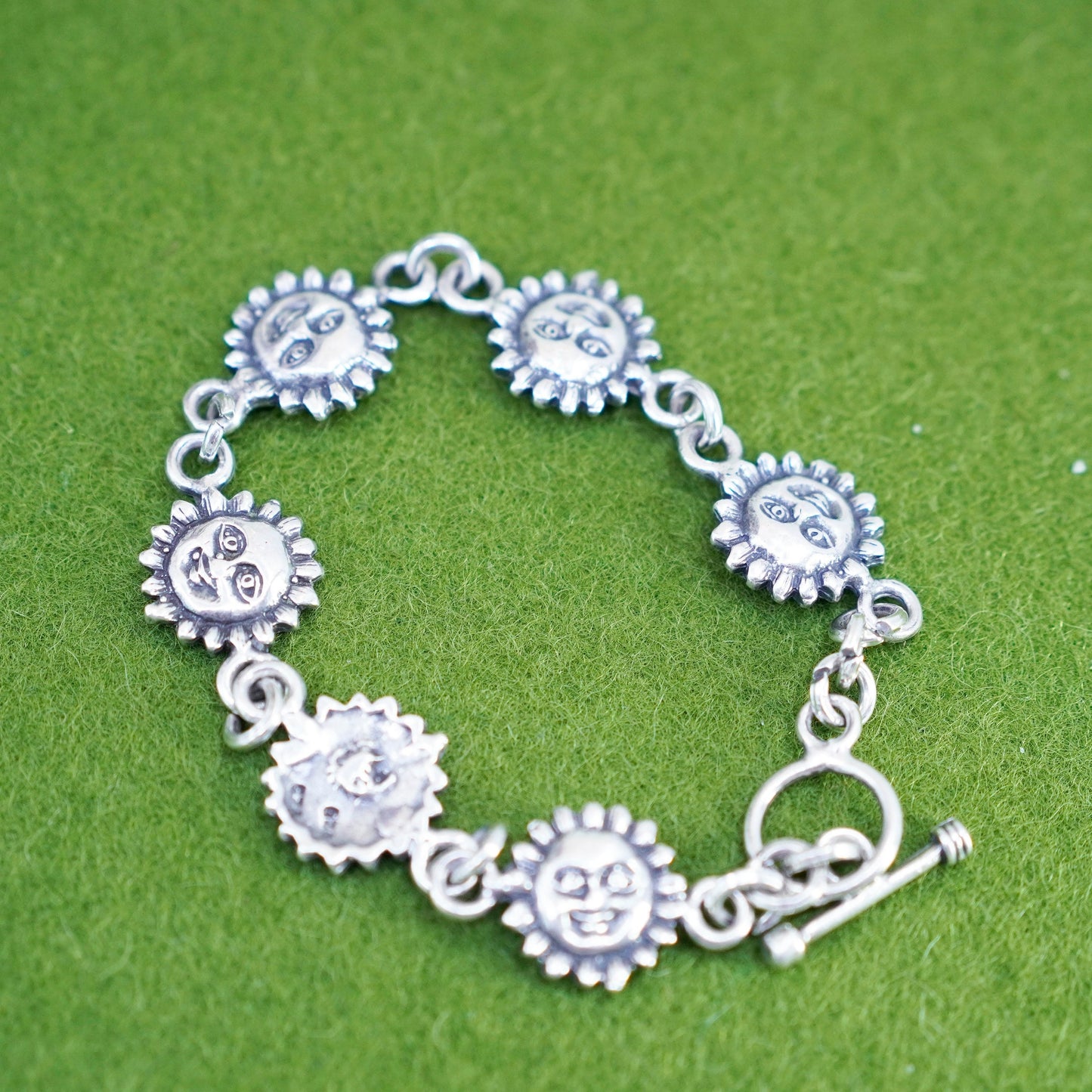 6.75”, vintage Sterling Silver Handmade Bracelet, 925 sunflower face chain