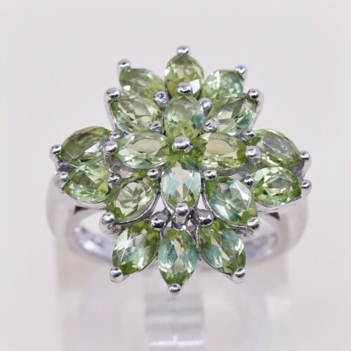 Sz 5, Vtg stauer Sterling Silver Handmade Ring, 925 Flower W/ Marquise peridot