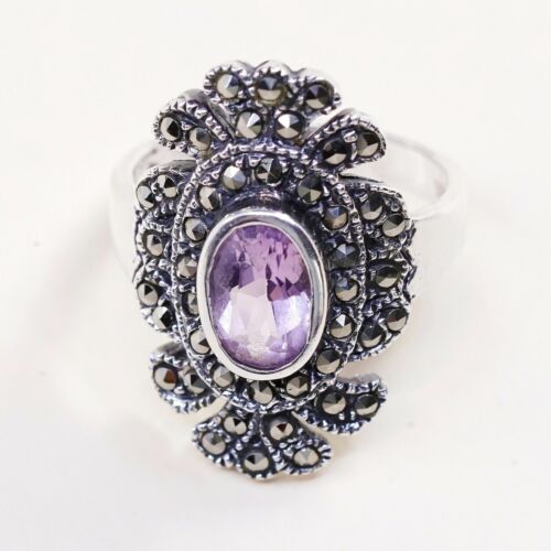 Sz 8, Sterling Silver handmade Ring, 925 Silver W/ amethyst n marcasite