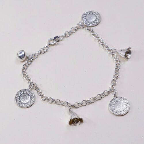 6.75”, 3mm, Vtg Sterling Silver Bracelet 925 Circle Chain W/ Sunflower N Chime