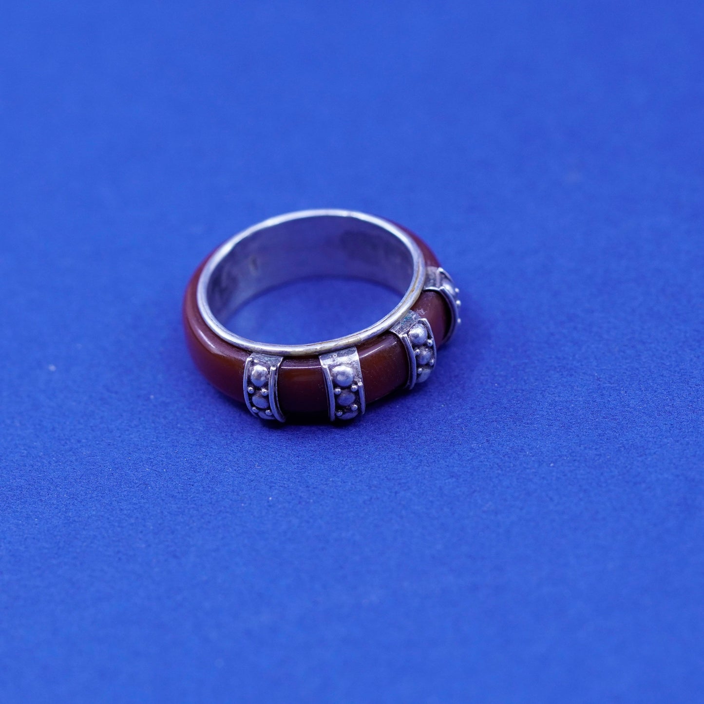 Size 7.5, Sterling Silver 925 Red Carnelian handmade Ring band with beads