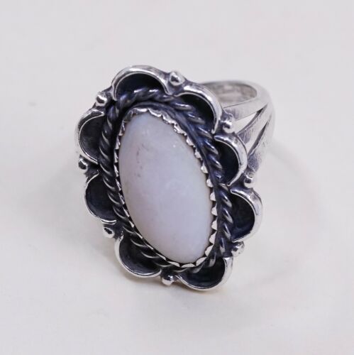 Sz 4.75, Vtg Navajo Sterling Silver Handmade Ring, 925 Silver Band W/ MOP inlay