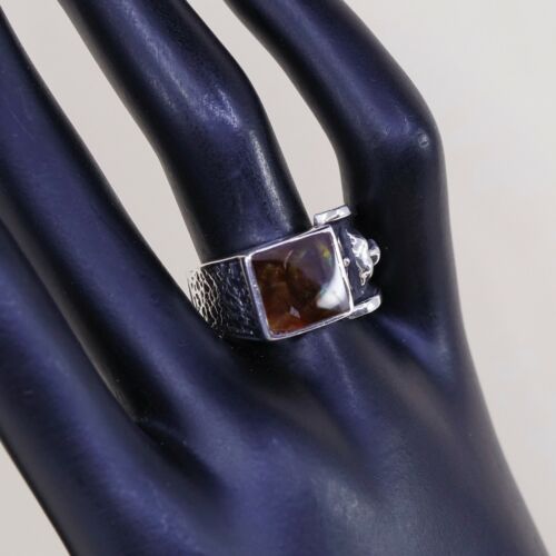 Sz 8.5, Vtg Statement Ring in Sterling Silver W/ Abalone N Leopard Face