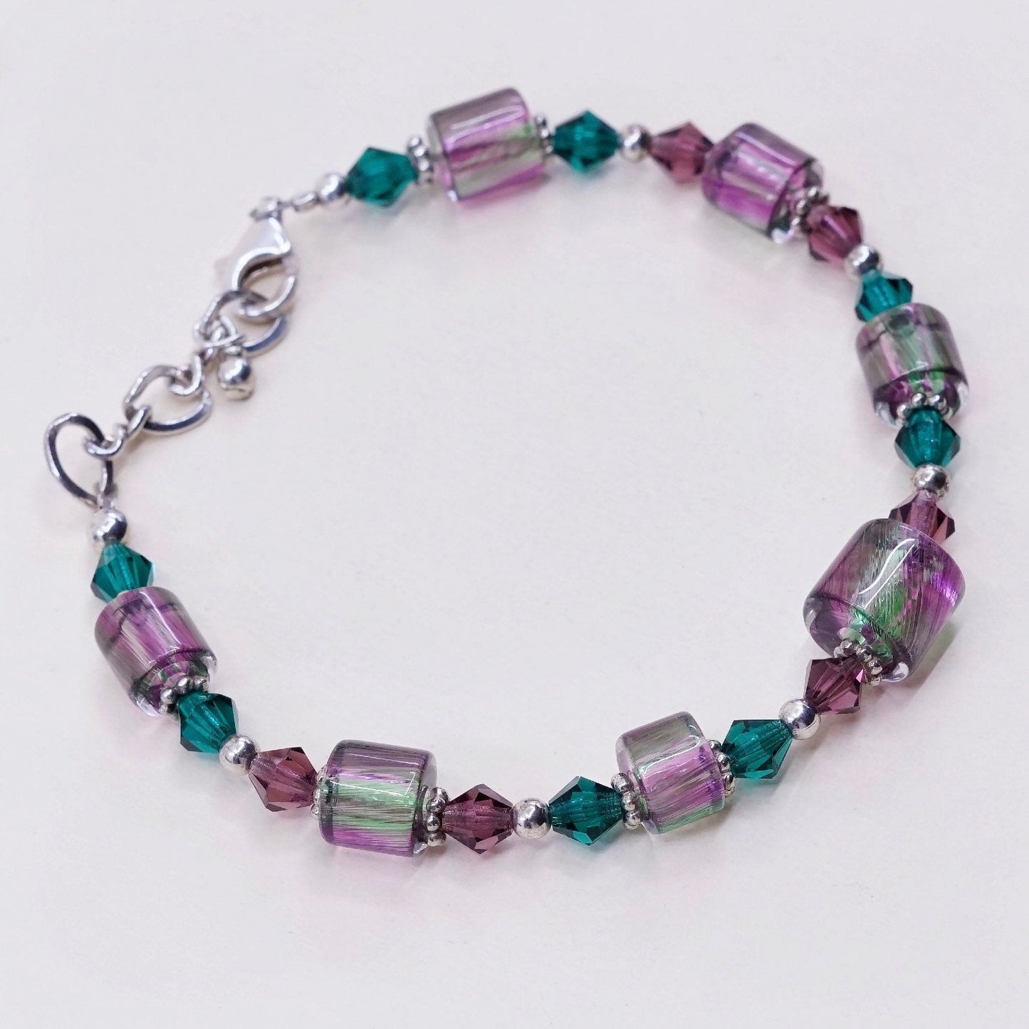7.5”, vtg Sterling silver handmade bracelet, 925 beads w/ purple green crystal