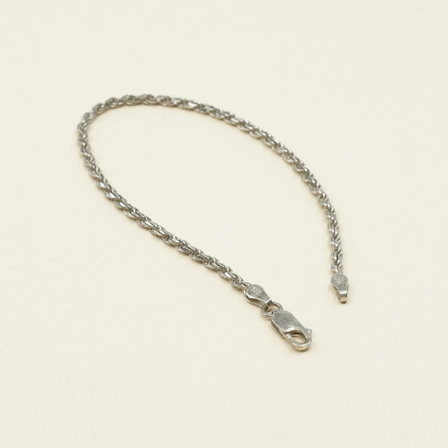 7", 2mm, Vtg sterling silver Italy rope chain bracelet, stamped italy 925 IBB