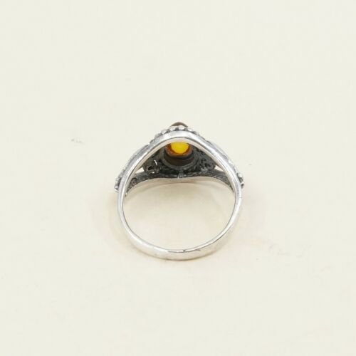 Sz 8, Orange Amber Cabochon Sterling Silver Solitaire Ring W/ Beads, Stamped 925