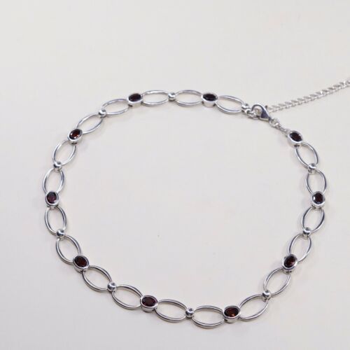 16+2” Vtg Handmade Sterling 925 Silver Oval Chain W/ Ruby Details, Stamped 925
