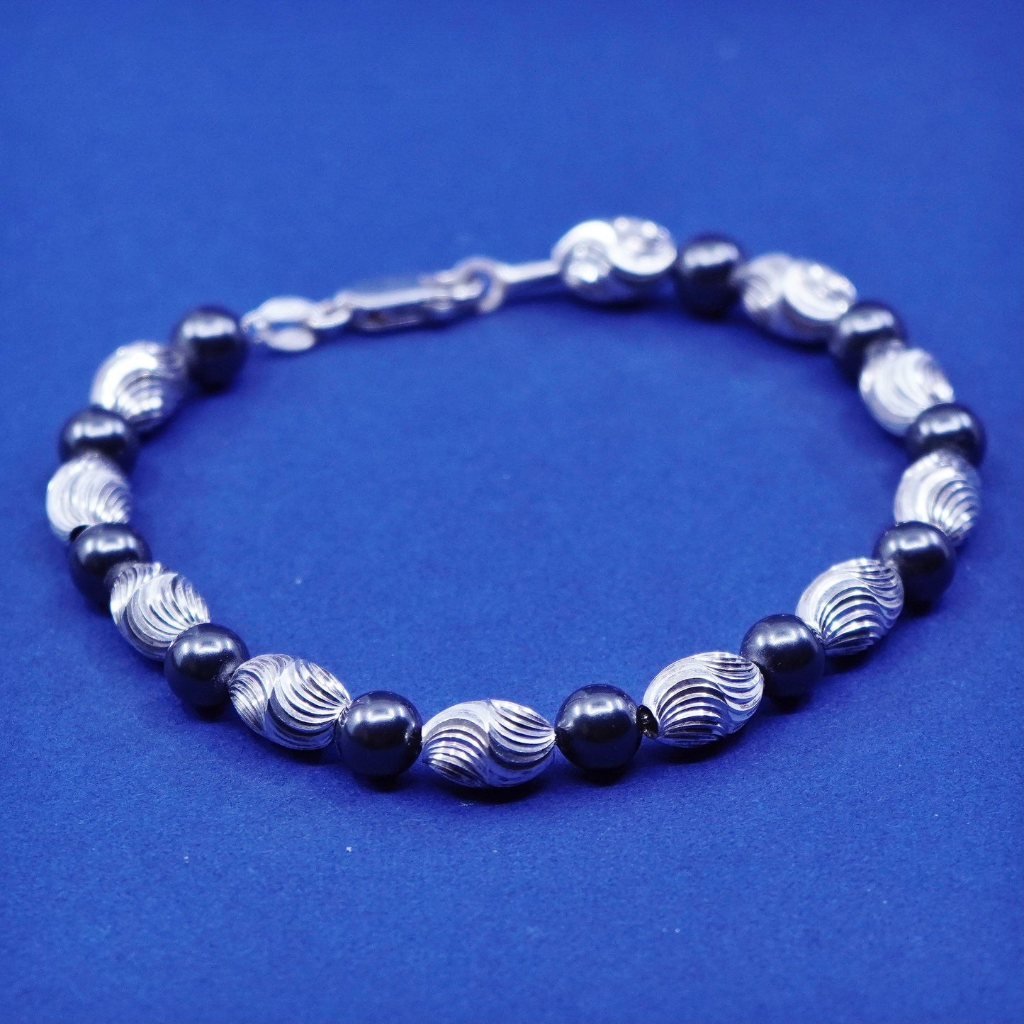 7”, vintage Sterling silver handmade bracelet, 925 swirl beads with hematite