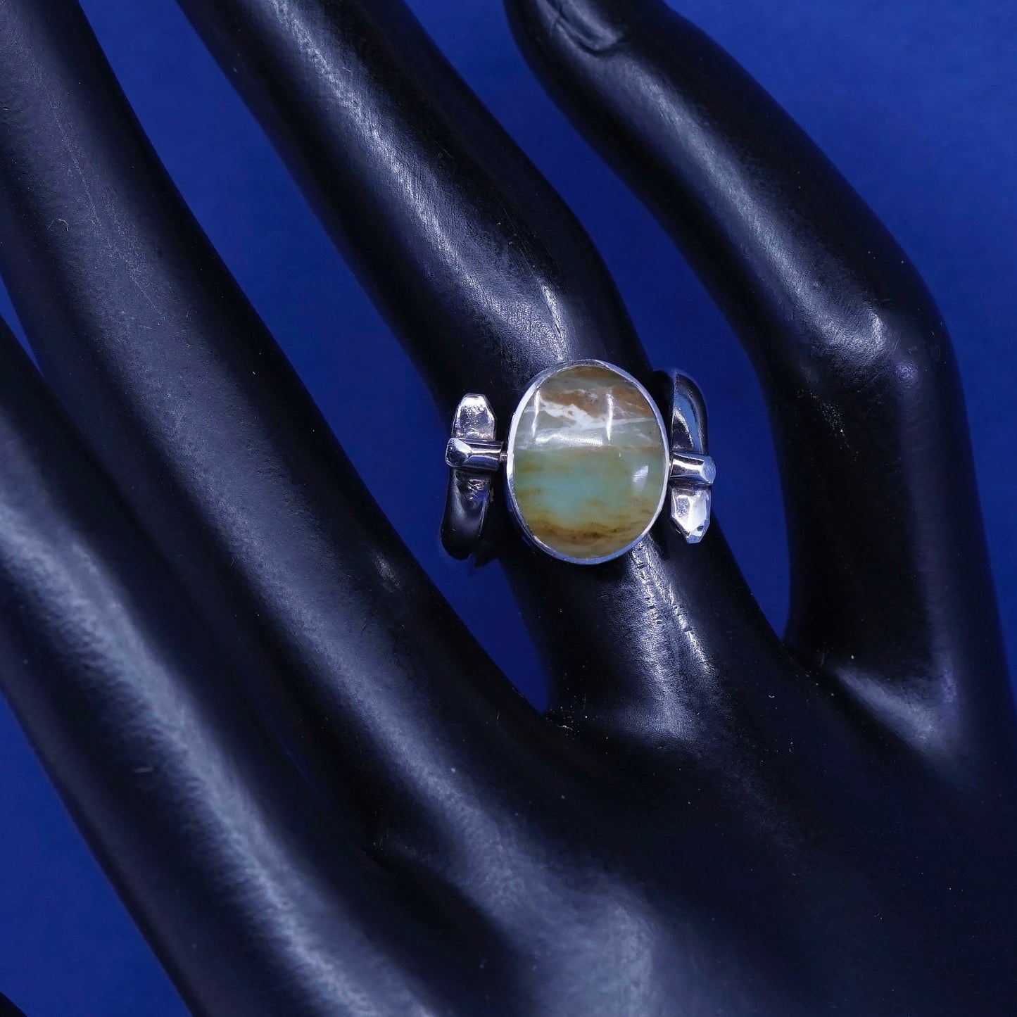 sz 6.5, vtg sterling silver handmade ring, antique spinner ring w/ jade N agate