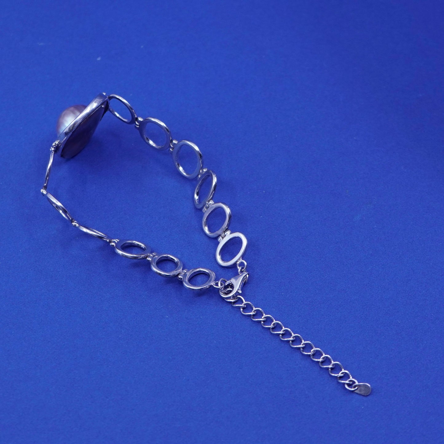 7.25+2”, vintage LUC Sterling silver handmade circle bracelet with blaster pearl