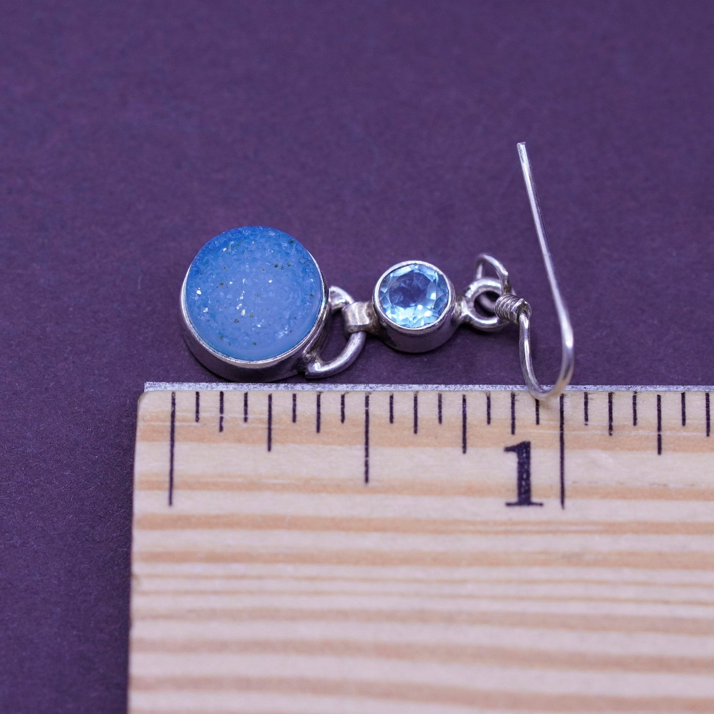 Vintage Sterling 925 silver handmade earrings with blue topaz and druzy