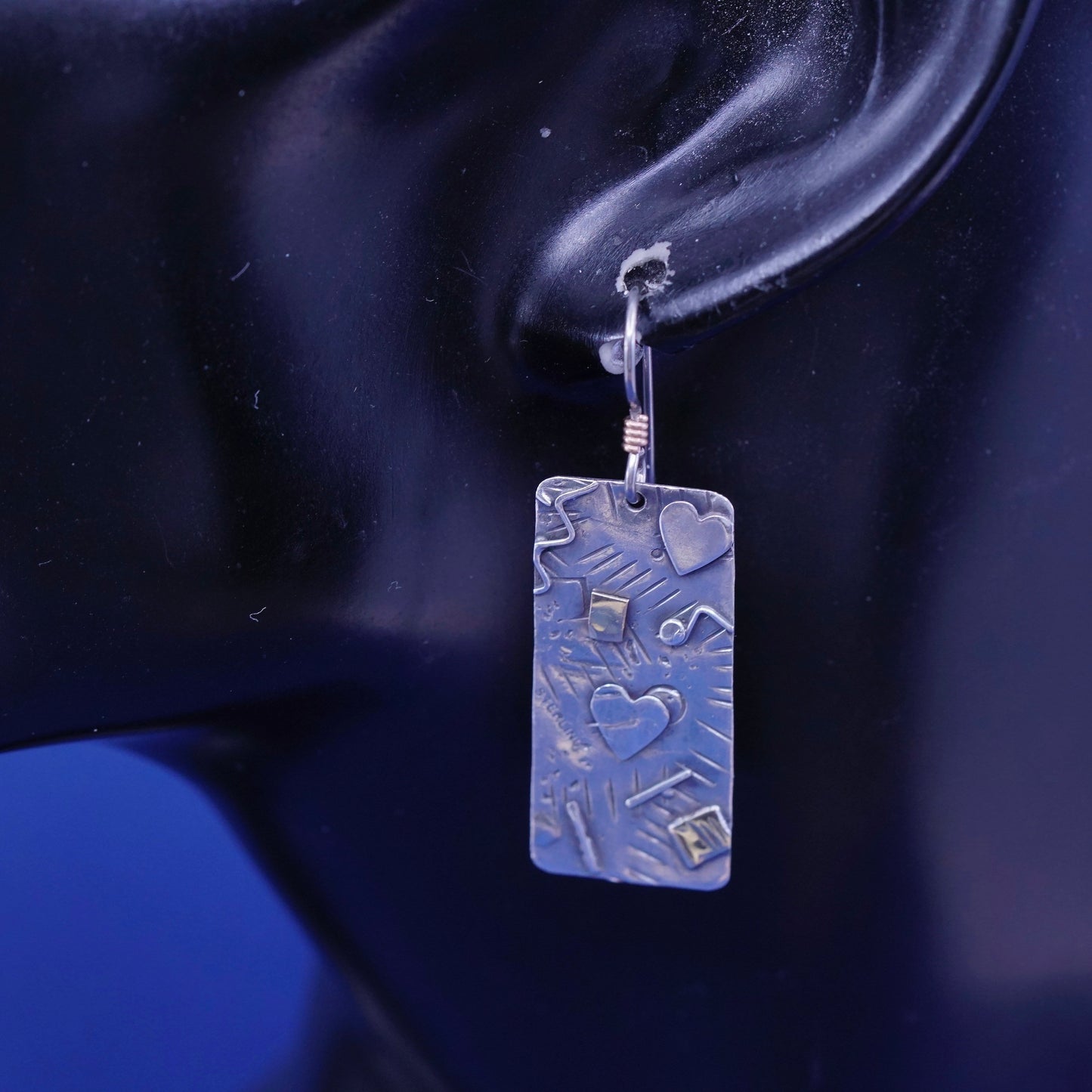 Sterling Silver earrings, 925 disc embossed heart N square and 14K gold accent