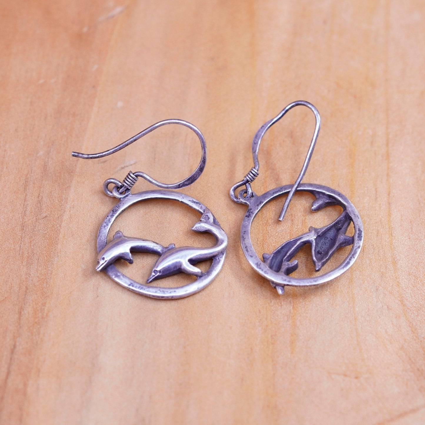 Vintage Sterling silver handmade earrings, 925 dolphin dangle
