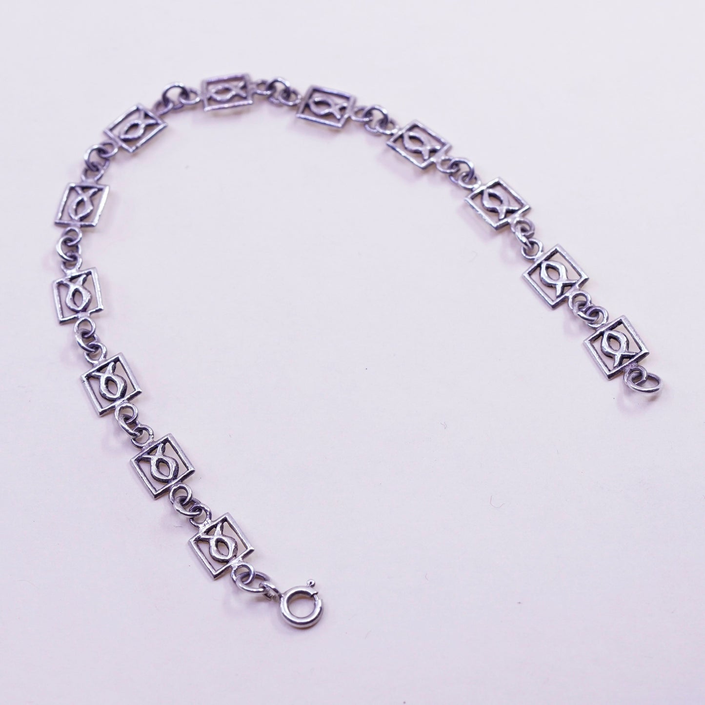7.5”, Vintage sterling silver handmade bracelet, 925 silver fish link chain