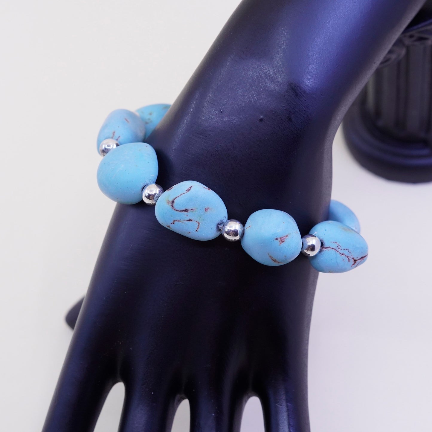 6.75”, Vintage Sterling 925 silver handmade bracelet, Mexico turquoise nugget